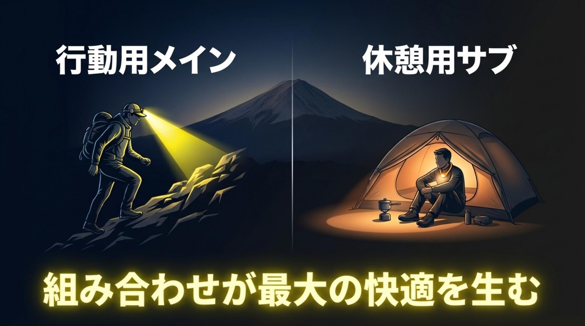 行動用と休憩用の組み合わせが最大の快適を生む 行動用メインと休憩用サブのライトの組み合わせが最大の快適を生む