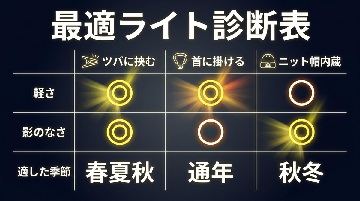 あなたにぴったりなのは?最適ライト診断表 キャップライト、ネックライト、ニット帽内蔵ライトの最適ライト診断表