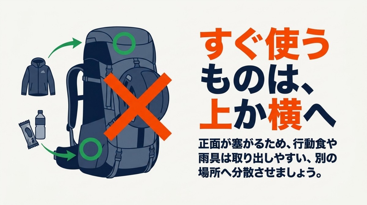 外付け時のパッキングのコツ ヘルメット外付け時にすぐ使うものをザックの上や横に分散させるパッキング術のイラスト
