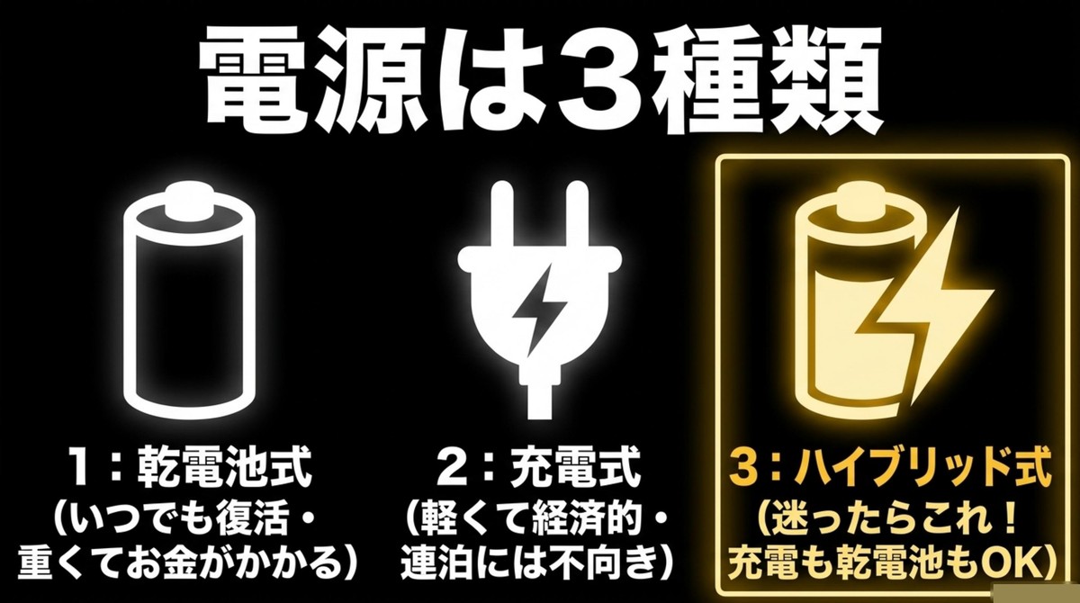 乾電池?充電式?電源タイプの選び方 ヘッドライトの電源は乾電池式、充電式、ハイブリッド式の3種類。迷ったらハイブリッド式がおすすめ