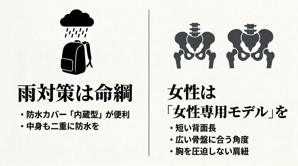 雨対策と女性専用モデル 雨対策と女性の骨格に合わせた専用モデルの重要性