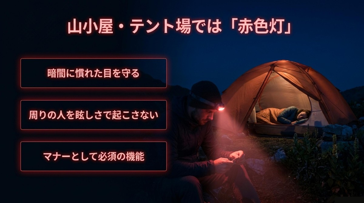 山小屋やテント場では赤色灯[cite: 1]