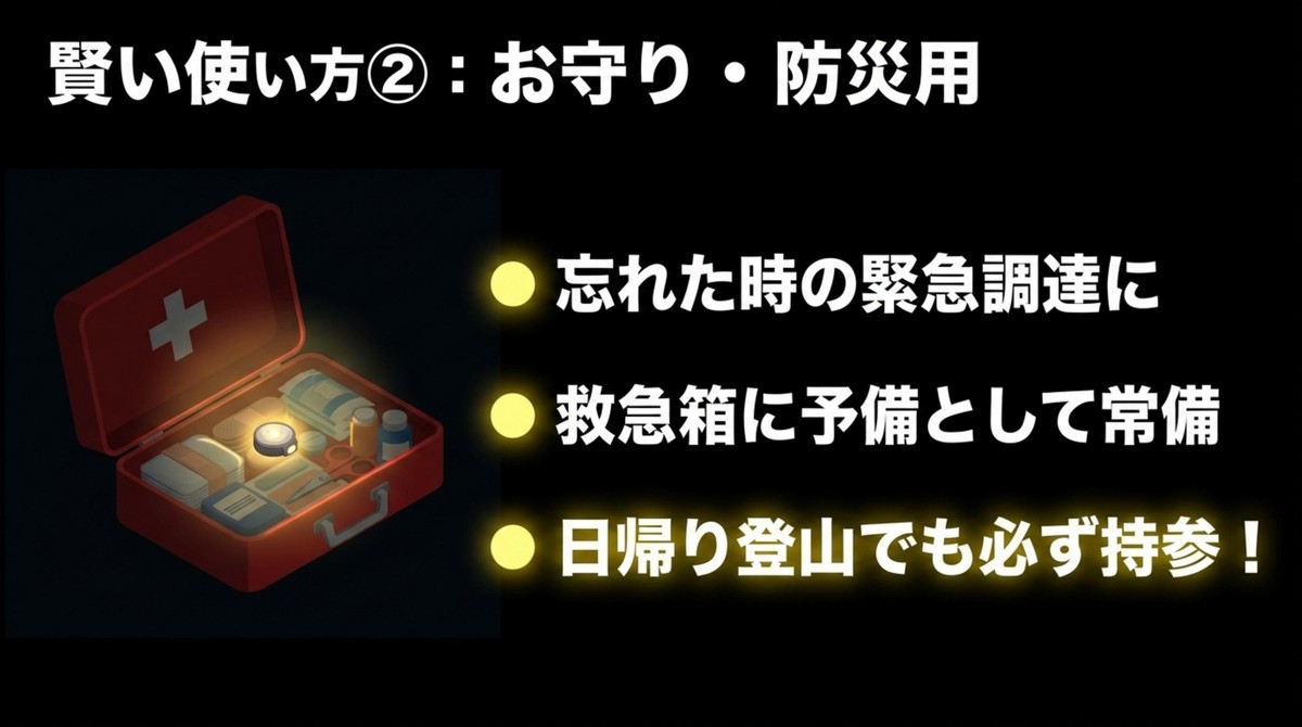 命を守るための鉄則。行動用は専門メーカーを使用し、100均はサブ機として賢く使い分ける[cite: 1]