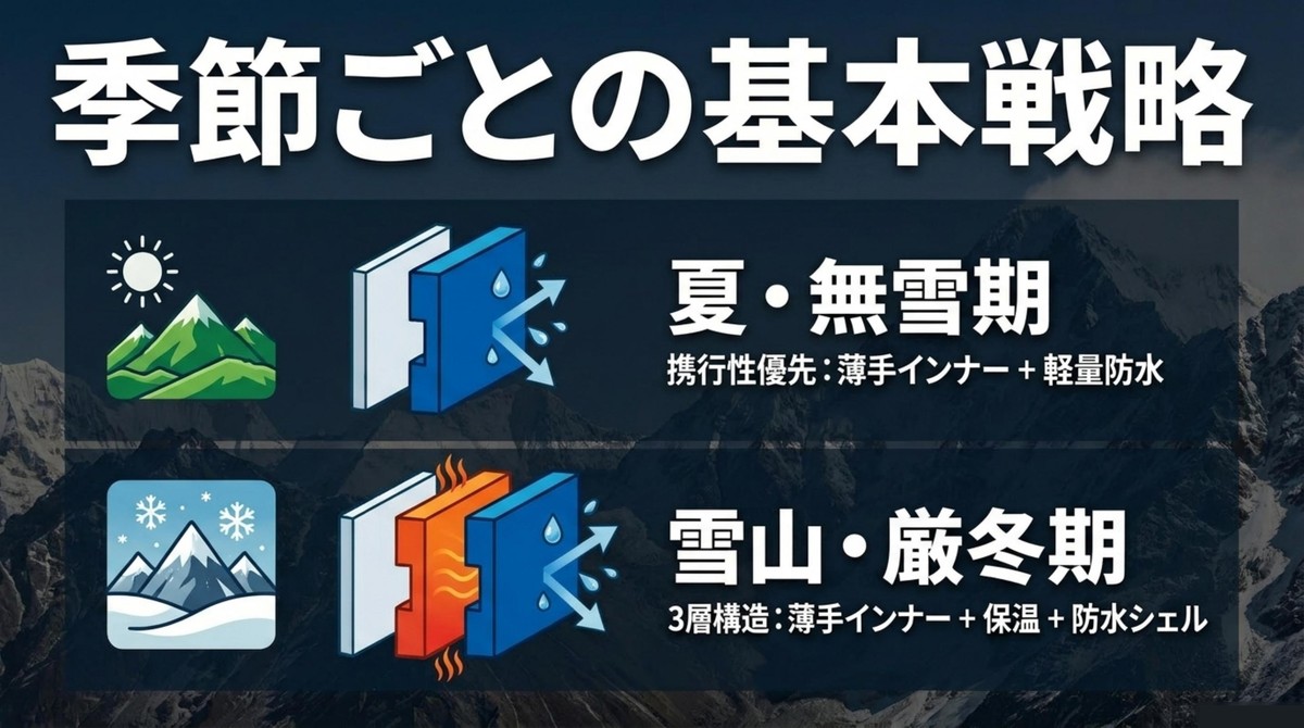 季節ごとに変わる防水グローブの基本戦略 夏と無雪期は薄手インナーと軽量防水、雪山と厳冬期は3層構造で考えるスライド