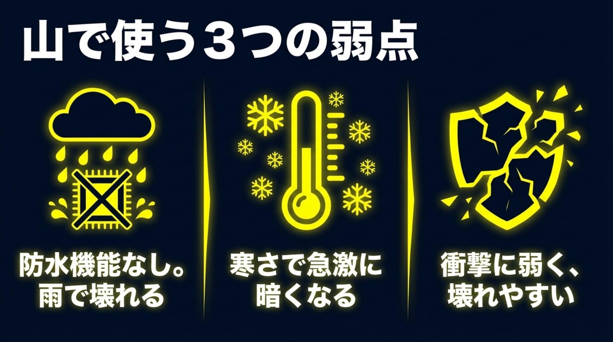 センサー機能の落とし穴。木の枝などに反応して突然消灯するリスクがあるため行動中は手動が必須[cite: 1]