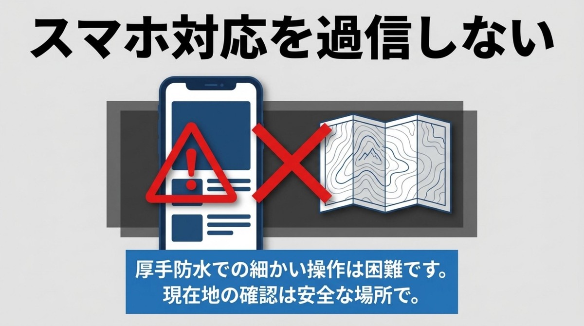 スマホ対応グローブを過信しない 厚手の防水グローブではスマホや地図の細かい操作が難しいことを示すスライド