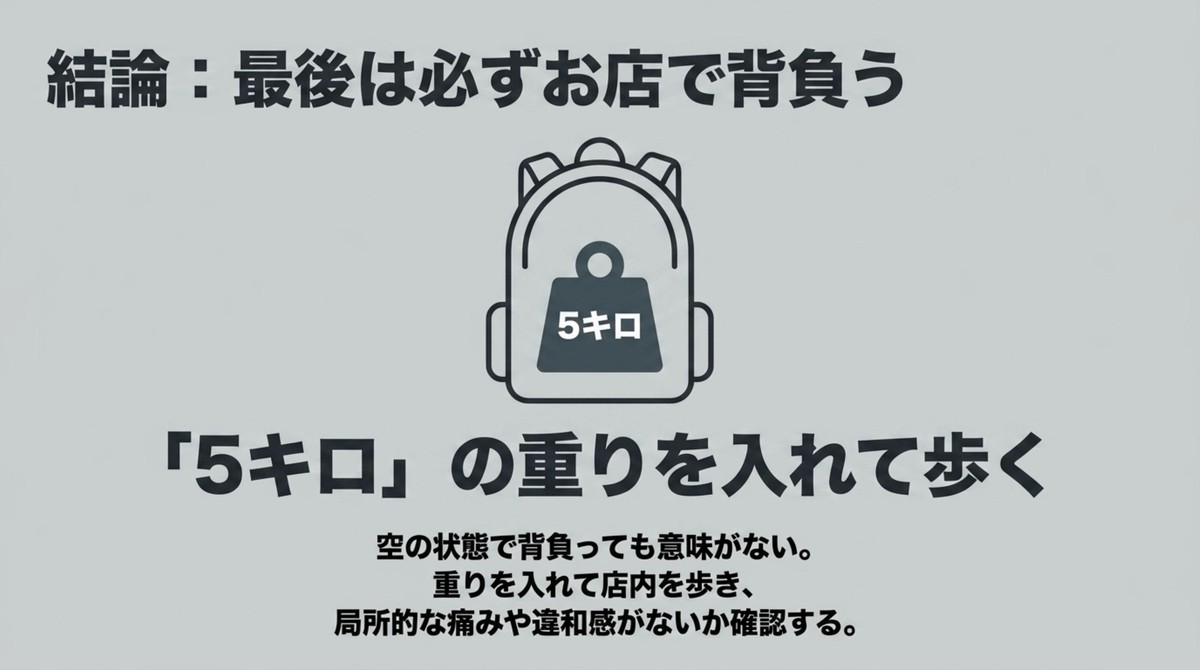 最後は必ずお店で5キロ背負う ザック購入時は5キロの重りを入れて店内を歩きフィッティングを確認