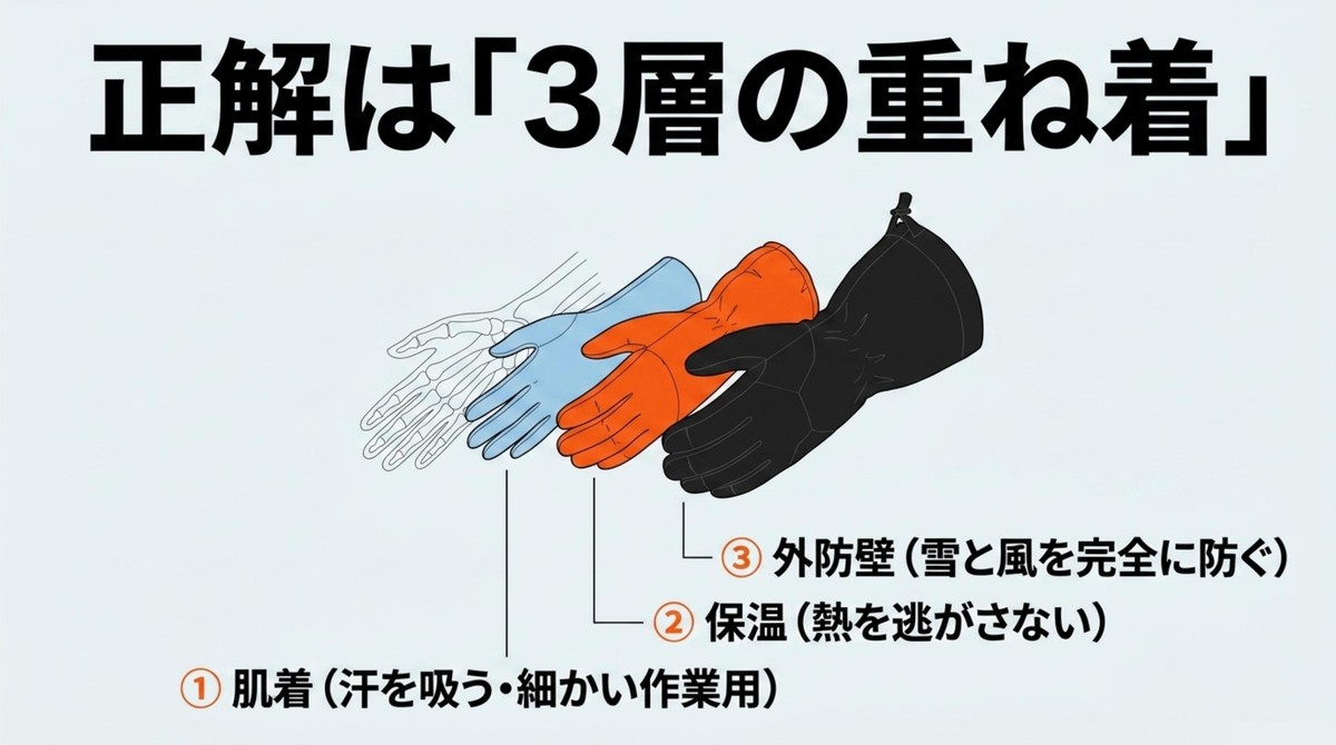 冬山グローブは3層の重ね着で考える 肌着、保温、外防壁の3層で冬グローブを重ねる方法を示すスライド