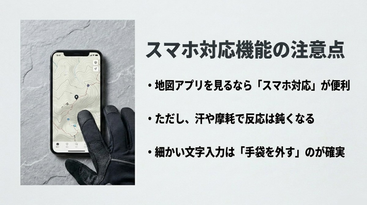 スマホ対応グローブは地図確認に便利 登山地図アプリをスマホ対応グローブで操作する様子と注意点をまとめたスライド
