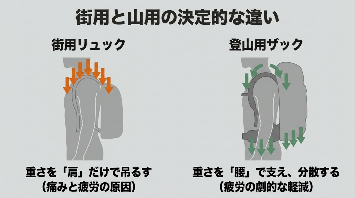 街用リュックと登山用ザックの決定的な違い 街用リュックの肩荷重と登山用ザックの腰荷重の構造的な違い