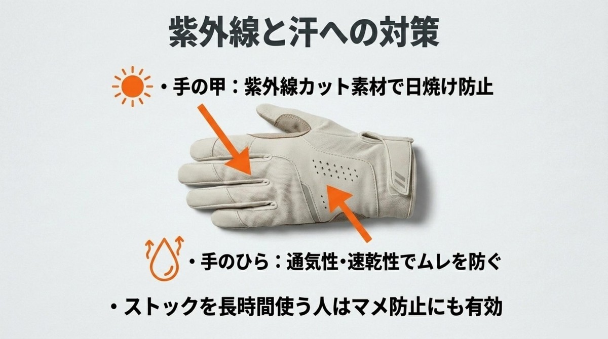 紫外線と汗を防ぐ夏用グローブの見方 手の甲の紫外線対策と手のひらの通気性や速乾性による汗対策を説明する登山グローブのスライド