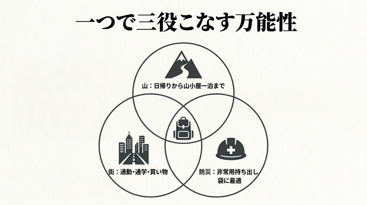 一つで三役こなす万能性 山、街、防災の用途で一つで三役こなす万能性を示すベン図