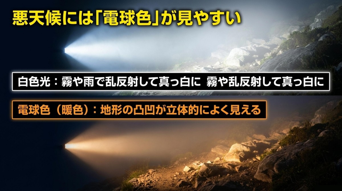 悪天候には電球色が見やすい[cite: 1]