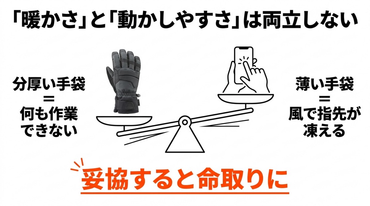 暖かさと操作性を両立する冬グローブ選び 厚手手袋と薄手手袋の暖かさと動かしやすさのバランスを示すスライド
