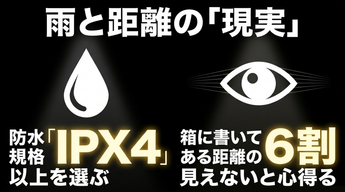 カタログスペックの現実と注意点 ヘッドライトの防水規格はIPX4以上を選び、照射距離は箱に書いてある距離の6割しか見えないと心得る