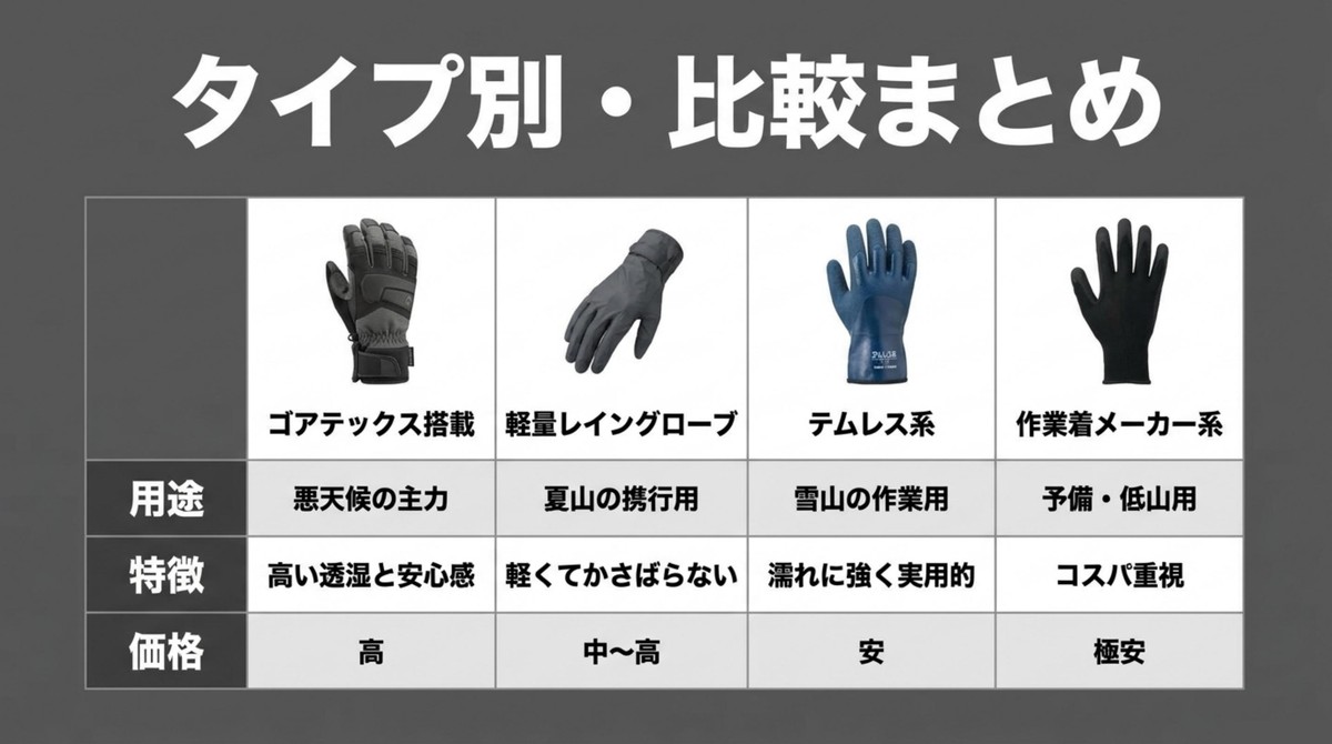 タイプ別に見る防水グローブ比較 ゴアテックス搭載、軽量レイングローブ、テムレス系、作業着メーカー系の用途や特徴を比較するスライド