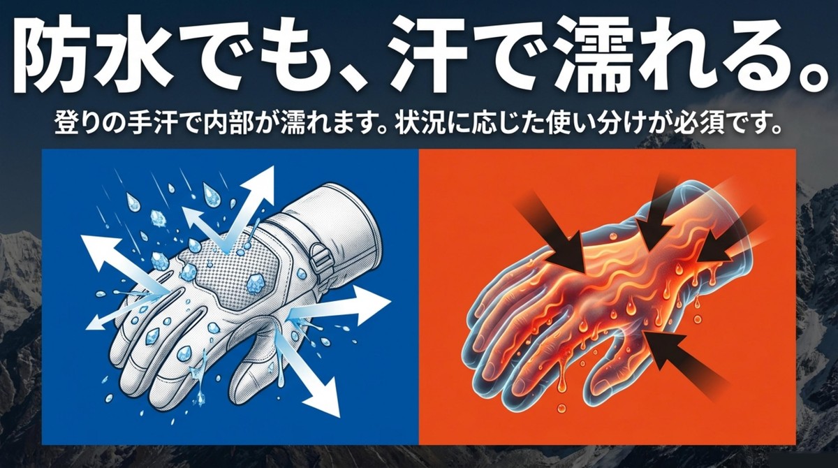 防水でも汗で濡れる理由 防水グローブでも登りの手汗で内側が濡れることを説明するスライド