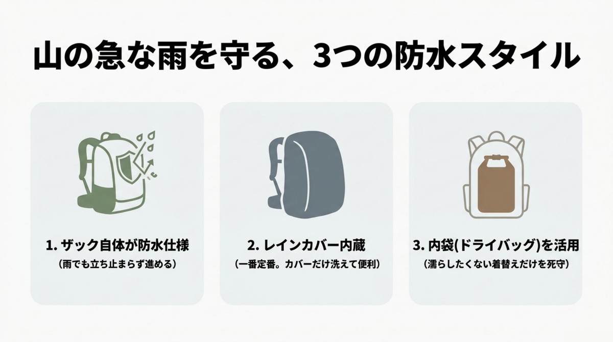 ザックの防水仕様、レインカバー、ドライバッグの3つの防水対策イラスト