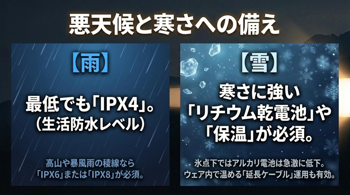 過酷な環境から守る防水・防寒スペック 雨や雪など悪天候と寒さへの備え(IPX規格など)