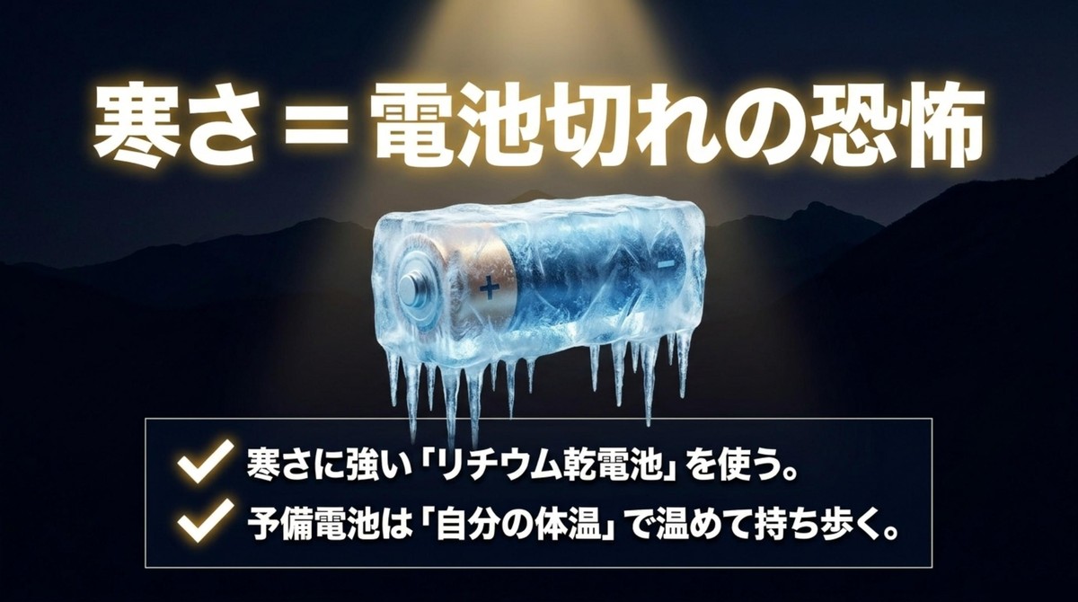 寒さは大敵!冬山のバッテリー切れ対策 凍りついた乾電池の画像と寒さに強いリチウム乾電池の使用や体温で温める対策