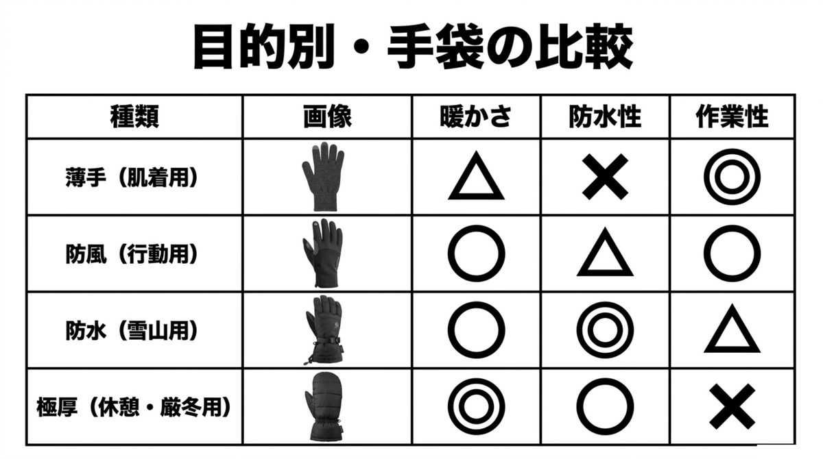 目的別にわかる冬登山グローブ比較表 薄手、防風、防水、極厚グローブの暖かさ、防水性、作業性を比較する表
