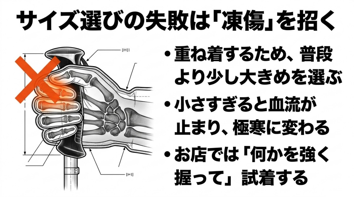サイズ選びの失敗が冬山の指先を冷やす 冬グローブのサイズ選びと小さすぎる手袋による血流低下の注意点を示すスライド