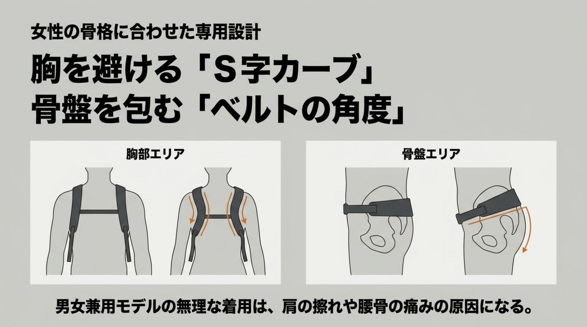 女性の骨格に合わせた専用設計モデル 女性の骨格に合わせたS字カーブと骨盤ベルトの専用設計
