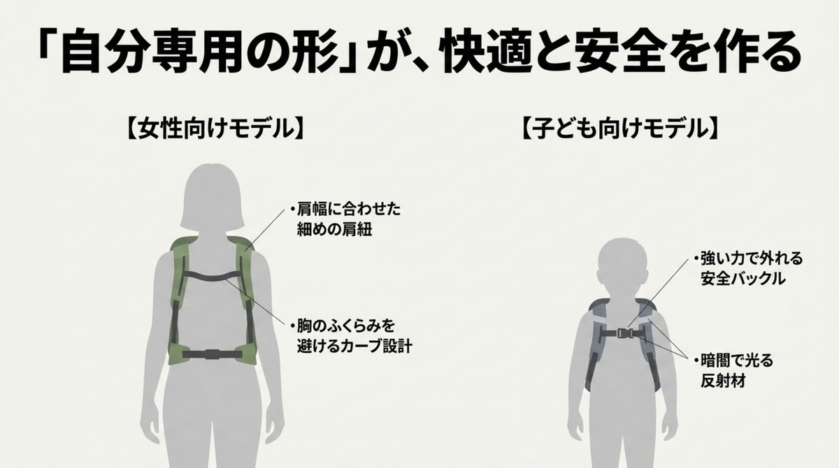 女性向けや子ども向けの専用ザックが持つ設計の工夫の解説