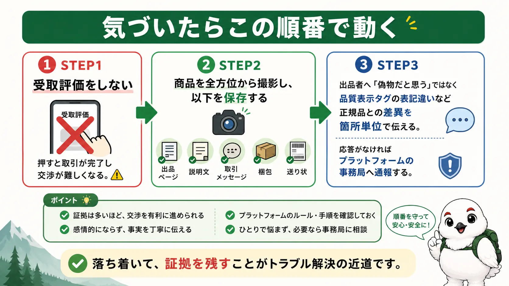 受取評価を押さずに証拠を保存し、正規品との違いを箇所ごとに伝えて通報・返金交渉に進むという、偽物に気づいたあとの対応の流れを順番に示したもの