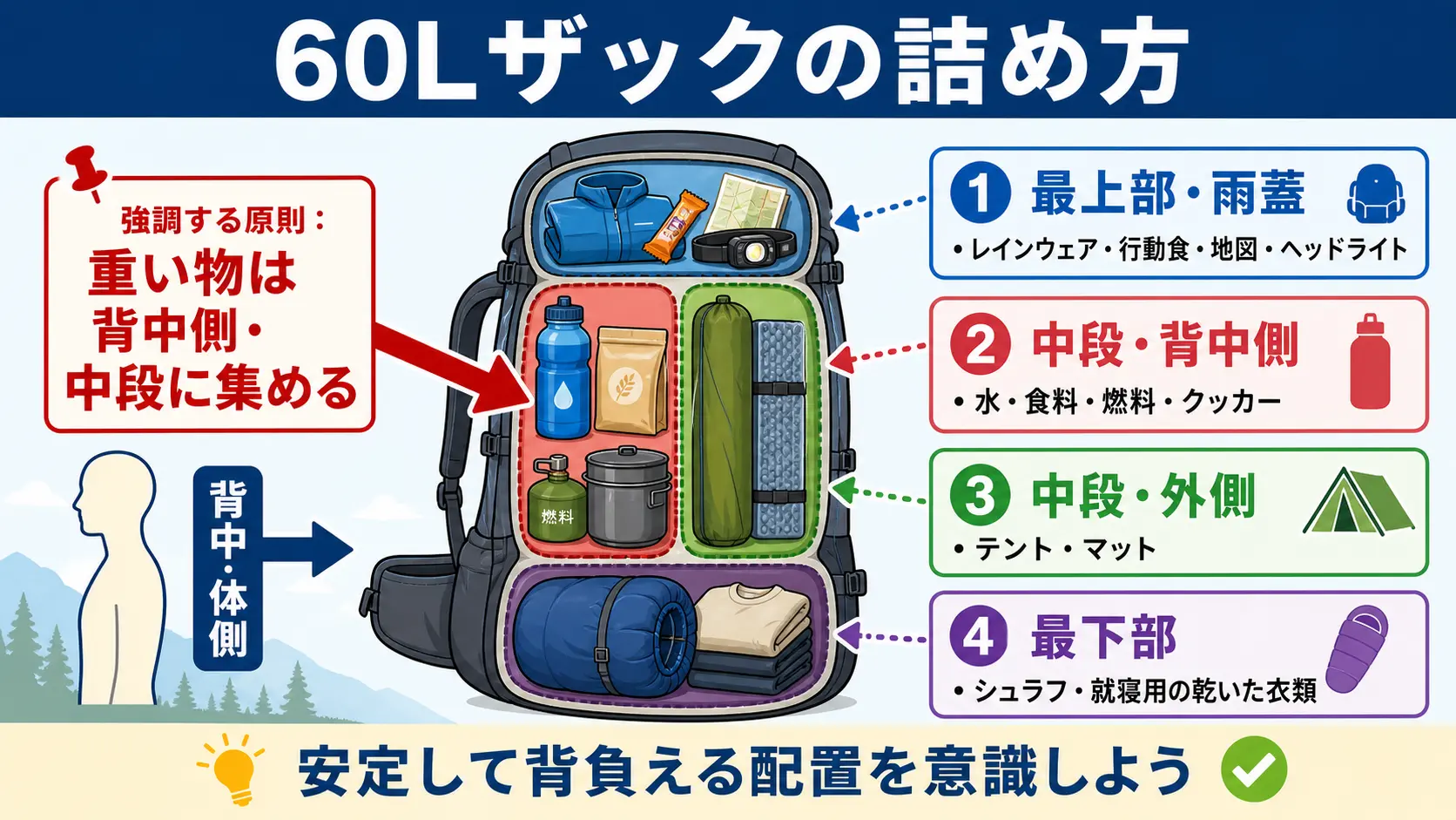 60リットルザックの断面図で、底にシュラフと就寝用衣類、中段の背中側に水・食料・燃料・クッカー、中段の外側にテントとマット、上部と雨蓋にレインウェアと行動食・地図・ヘッドライトを配置するパッキングの詰め方を示した図