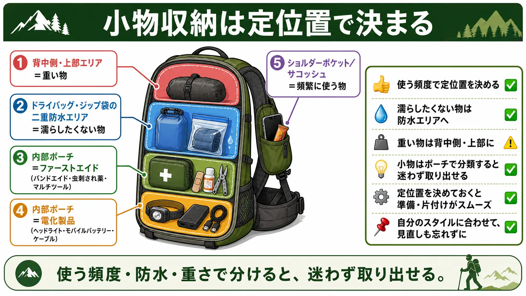ファーストエイドや電化製品など用途別に分けた登山小物の収納カテゴリと、ザック内の定位置を示した分解図