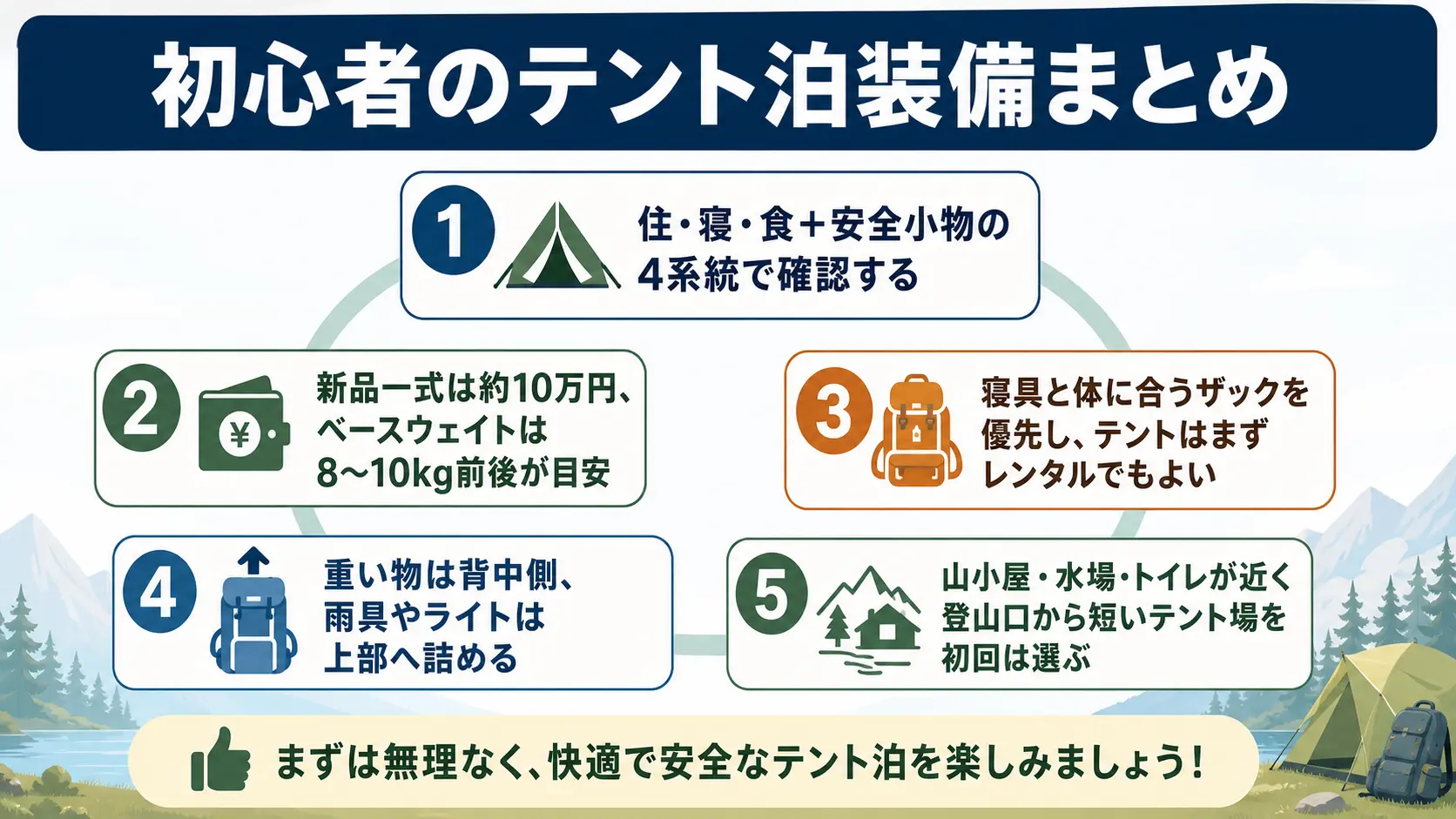 初心者のテント泊装備について、住・寝・食に安全小物を加えた4系統の確認、新品一式約10万円・ベースウェイト8〜10kg前後の目安、寝具とザックを優先しテントはレンタルでもよいこと、重い物を背中側に詰めるパッキング、山小屋や水場が近いテント場を選ぶという5つの要点を俯瞰でまとめた図