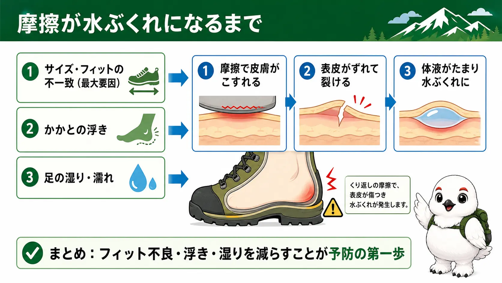 サイズ・フィットの不一致、かかとの浮き、足の湿りという3つの摩擦要因から、皮膚がこすれて水ぶくれができるまでの流れを示した図
