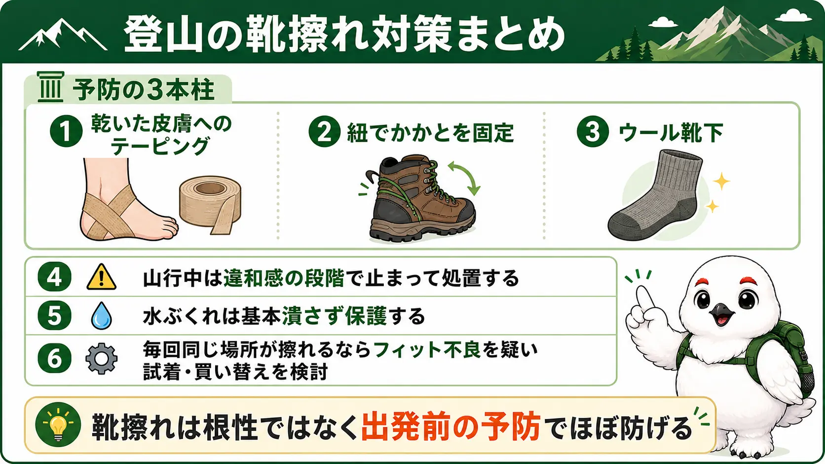 乾いた皮膚へのテーピング・紐でのかかと固定・ウール靴下という予防の3本柱と、山行中は違和感の段階で摩擦を止める、水ぶくれは潰さず保護する、毎回同じ場所が擦れるならフィット不良を疑うという記事全体の要点をまとめた図