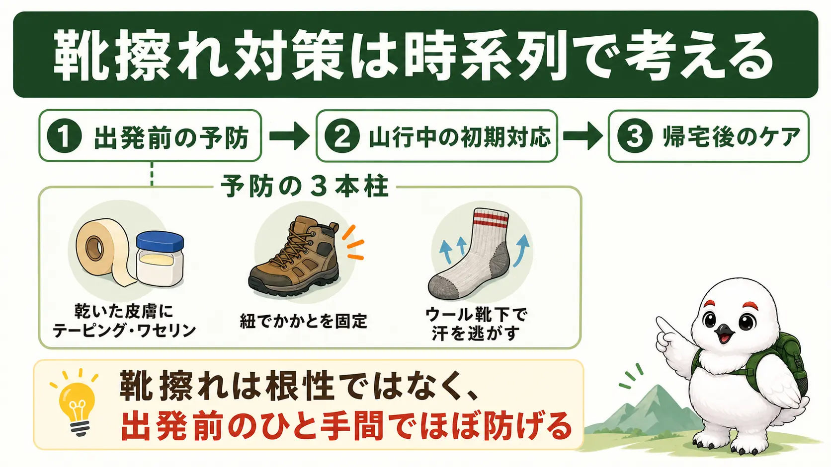 登山の靴擦れ対策を「出発前の予防」「山行中の初期対応」「帰宅後のケア」の3段階で示し、予防の3本柱としてテーピング・紐でのかかと固定・ウール靴下を添えた案内図