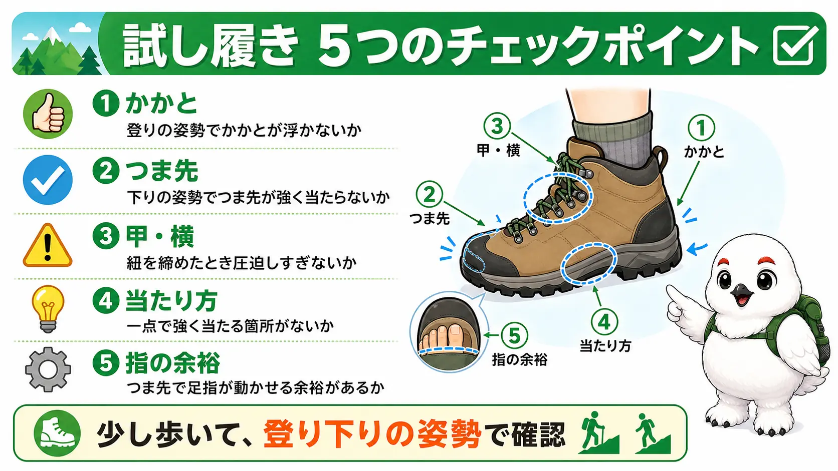 試し履きで確認するかかと・つま先・甲や横・当たり方・指の余裕という5つのチェックポイントを足のイラストに示した図解