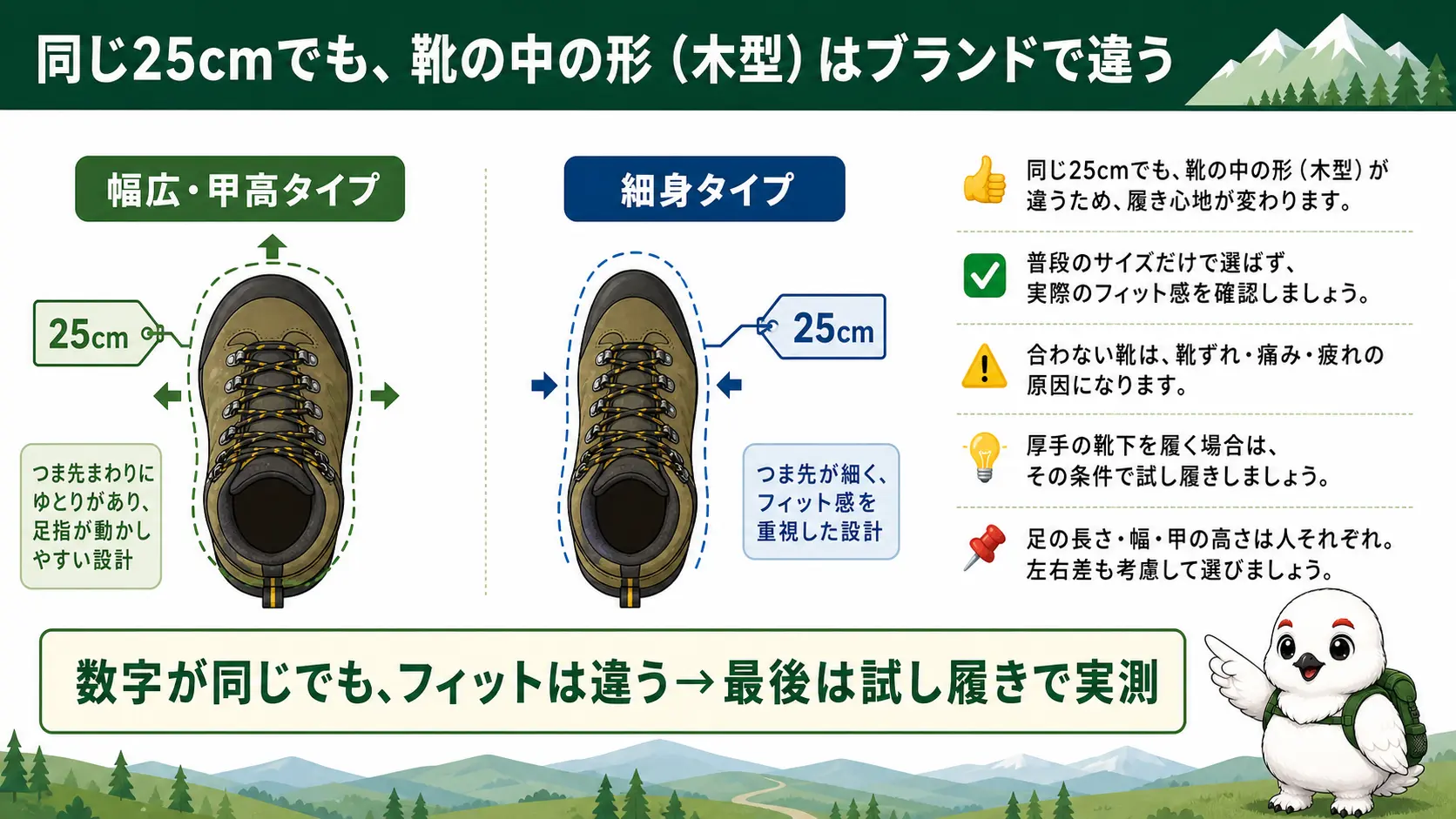 同じ25cm表記でもブランドによって靴の内部の木型の形が異なり、足の収まり方が変わることを示す比較図