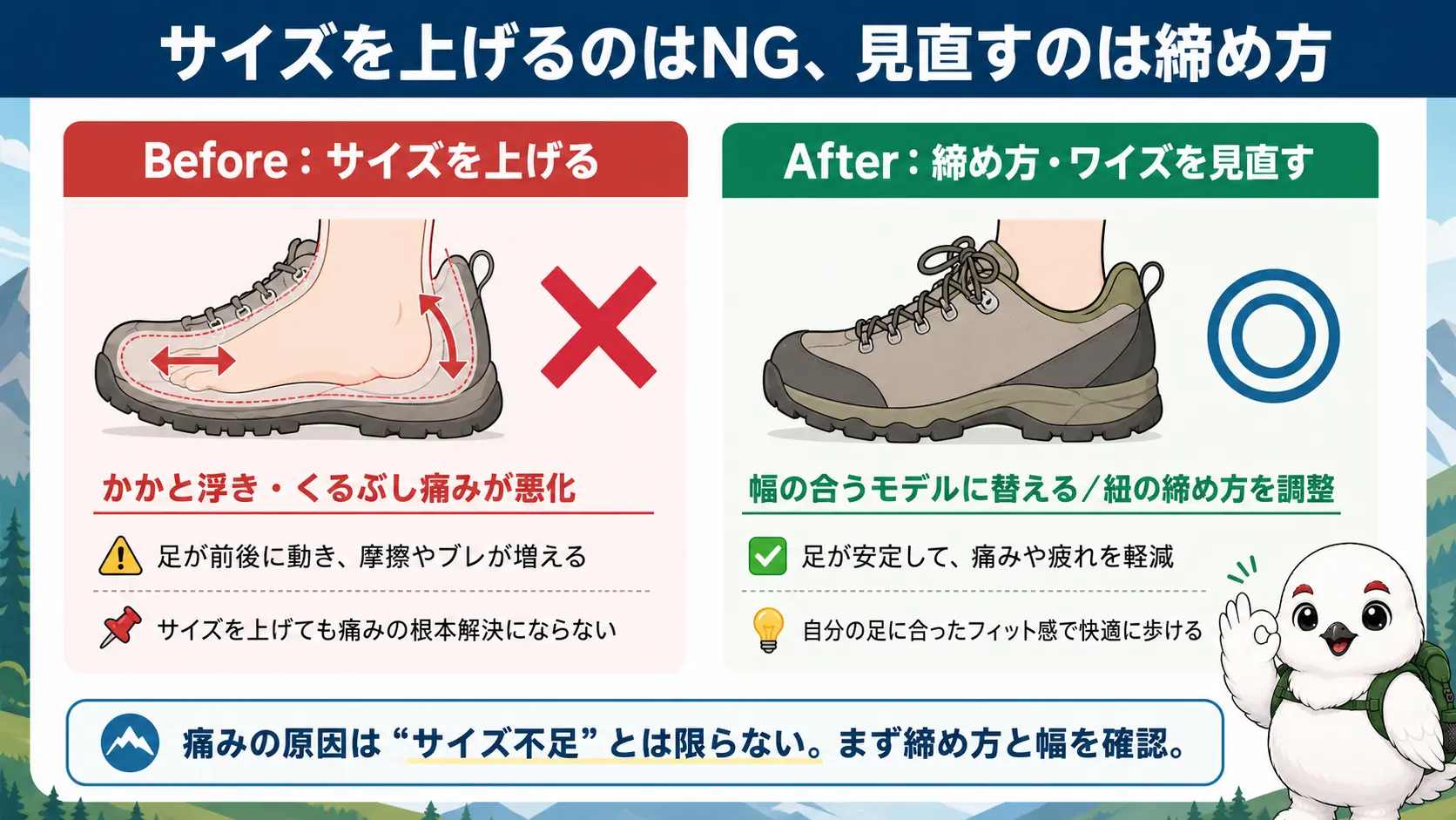 登山靴のサイズを上げると足が中で動いてかえって痛みが悪化する例と、紐の締め方やワイズを見直すと改善する例を対比した図