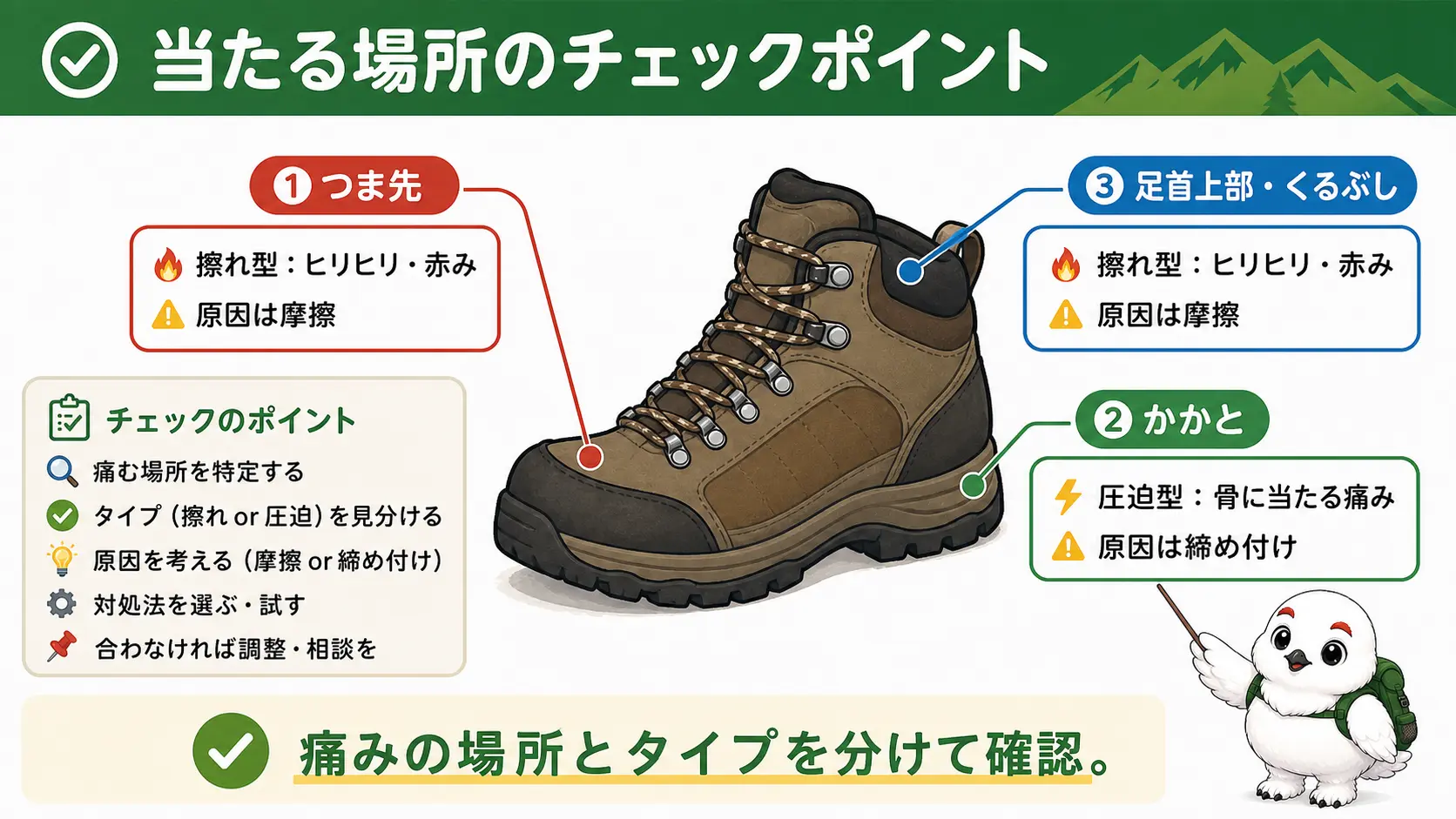 登山靴のつま先・かかと・足首上部で起こりやすい擦れ型と圧迫型の当たりの見分け方を示した部位図