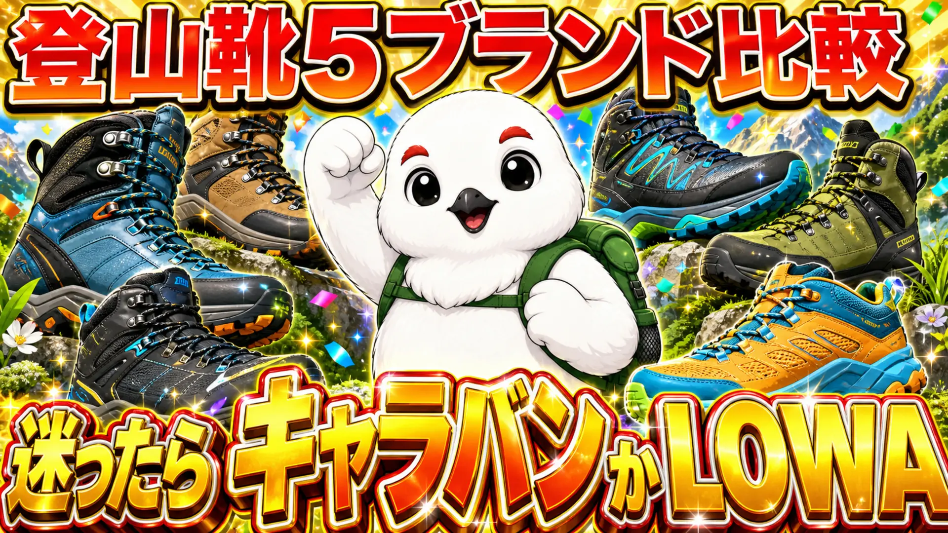 登山靴5ブランド(スカルパ・サロモン・LOWA・キャラバン・ホカ)を並べた比較イメージ