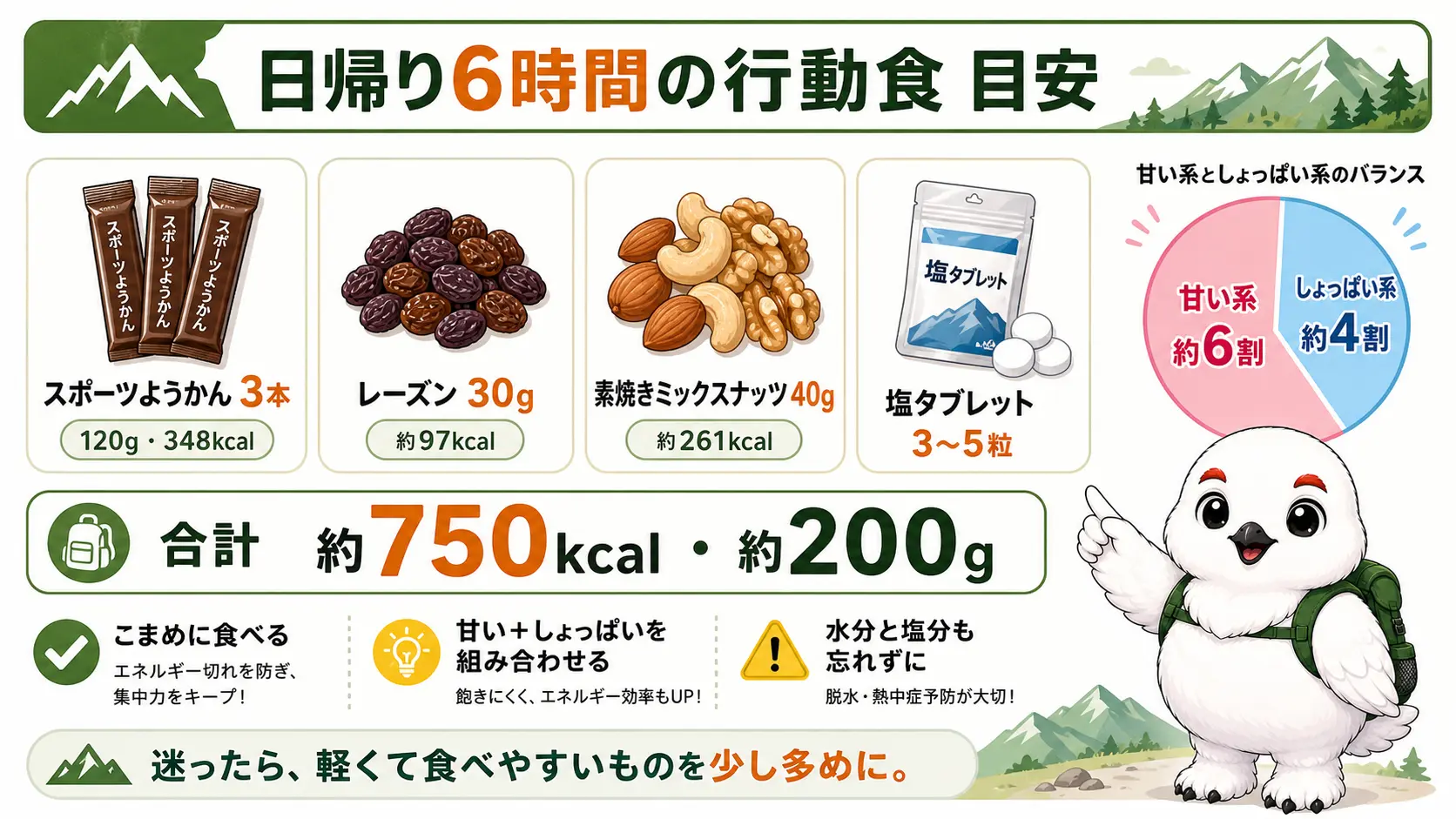 日帰り6時間を想定した行動食の内訳として、スポーツようかん3本・レーズン30g・素焼きミックスナッツ40g・塩タブレット3〜5粒で合計約750kcal・約200gになることを示した内容