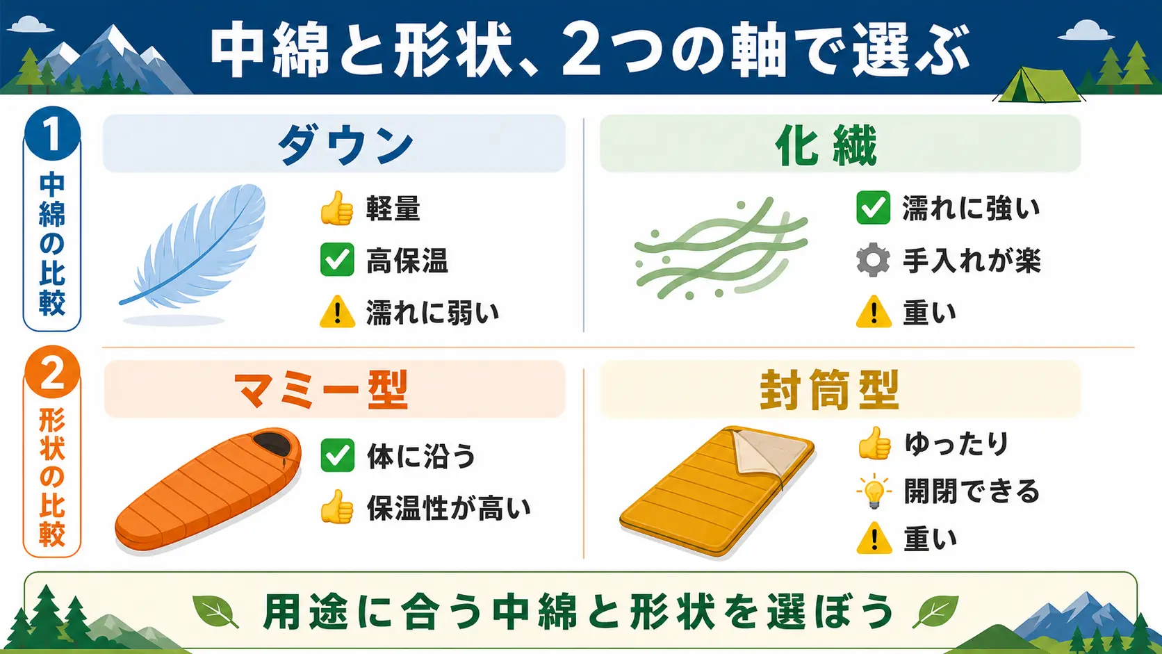 ダウンと化繊の中綿、マミー型と封筒型の形状をそれぞれ比較した2段組みの図