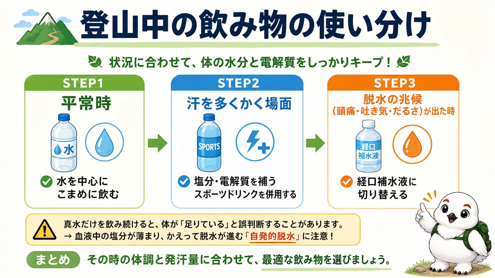 行動中は水とスポーツドリンクを併用し、脱水の兆候が出た段階で経口補水液に切り替えるという3段階の飲み方の流れを示した図