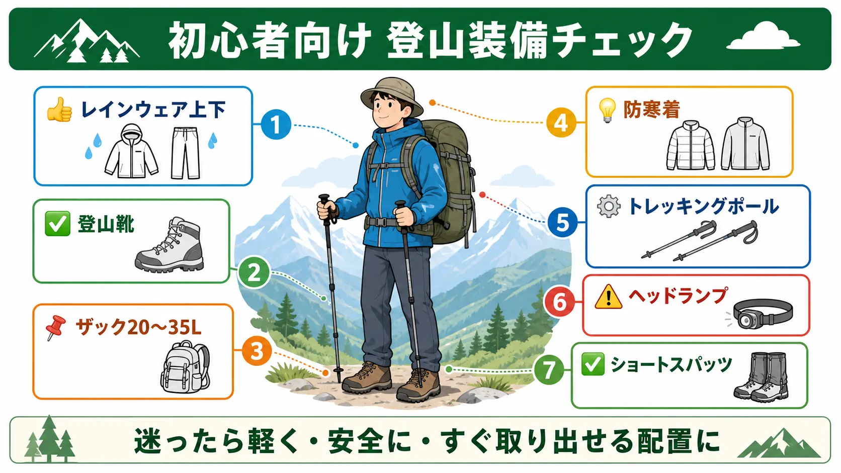 レインウェア上下・登山靴・ザック・防寒着・トレッキングポール・ヘッドランプ・ショートスパッツなど富士登山に必要な基本装備一式を項目ごとに分けて示した図