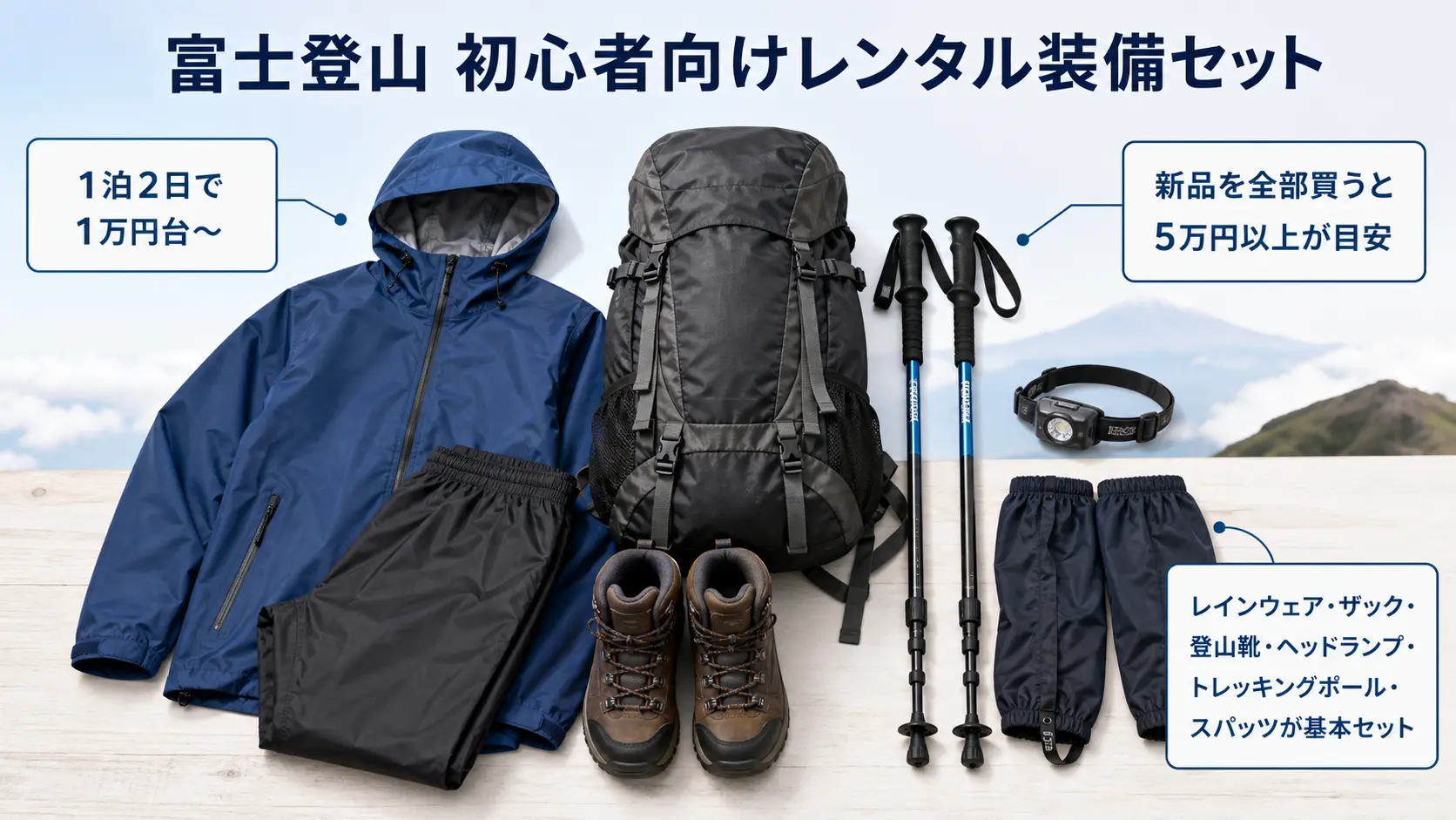 レインウェア・登山靴・ザック・トレッキングポールなど富士登山用レンタル装備一式と、1泊2日1万円台からという費用の目安
