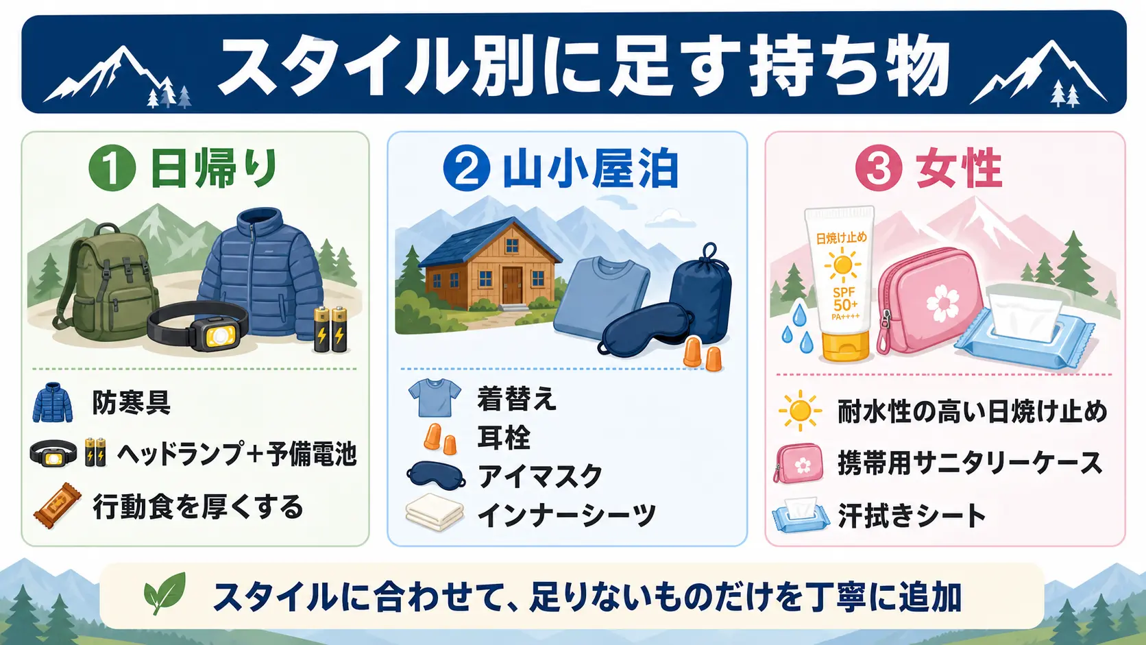 富士登山の持ち物の違いを日帰り・山小屋泊・女性の3パターンで比較した図