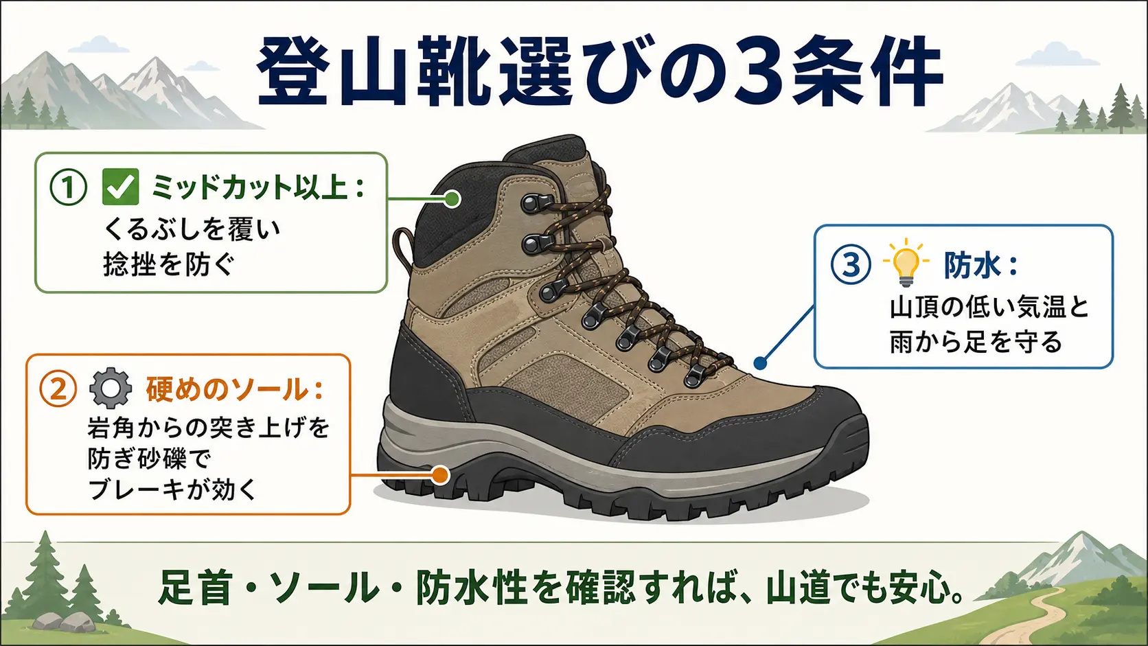 登山靴のイラストに、くるぶしを覆うミッドカット以上の履き口・突き上げを防ぐ硬めのソール・防水素材という3つの条件を矢印で注釈した図