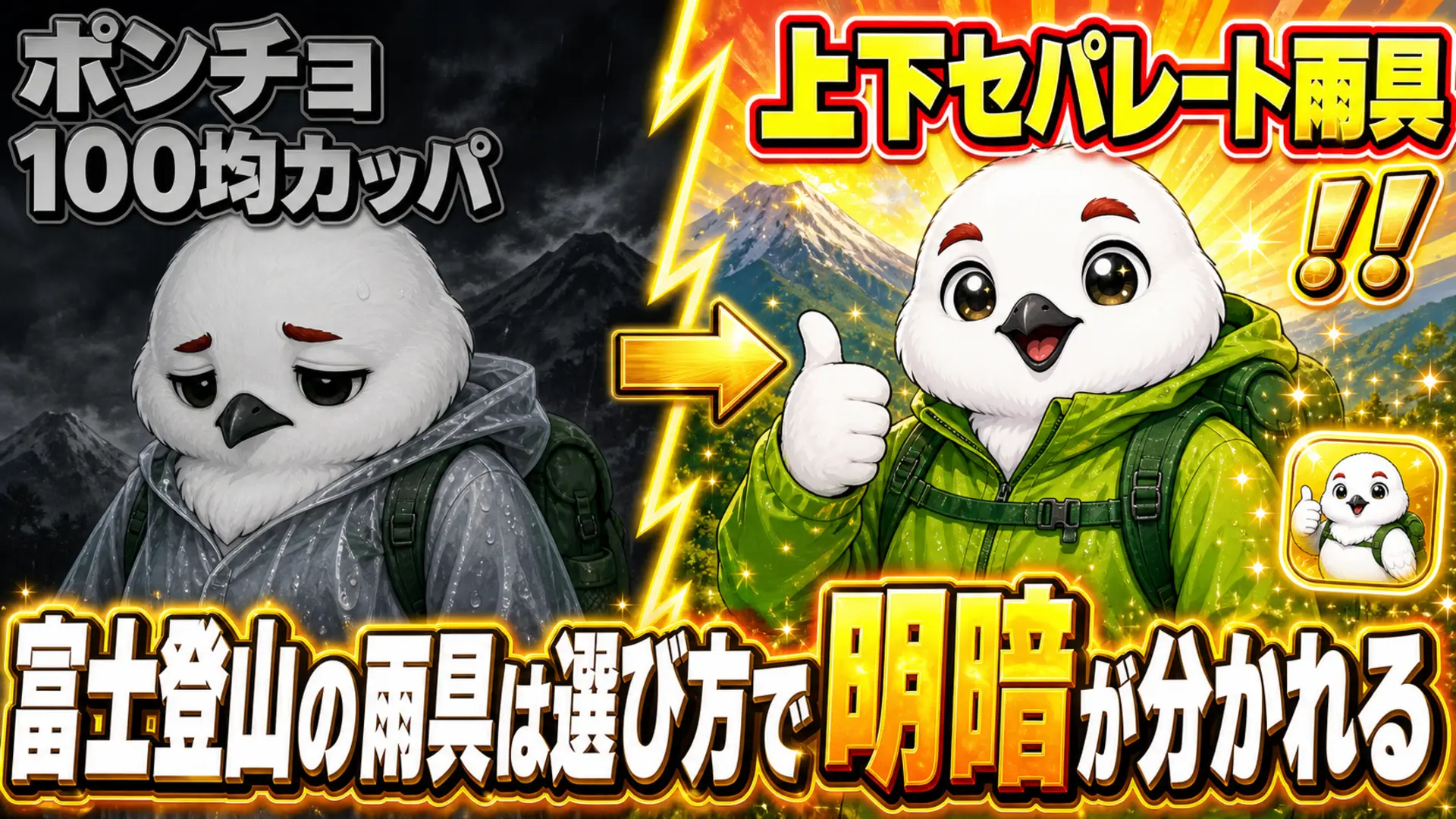 富士登山でポンチョと上下セパレートのレインウェアを比較し、セパレート雨具を選ぶべきことを示す図