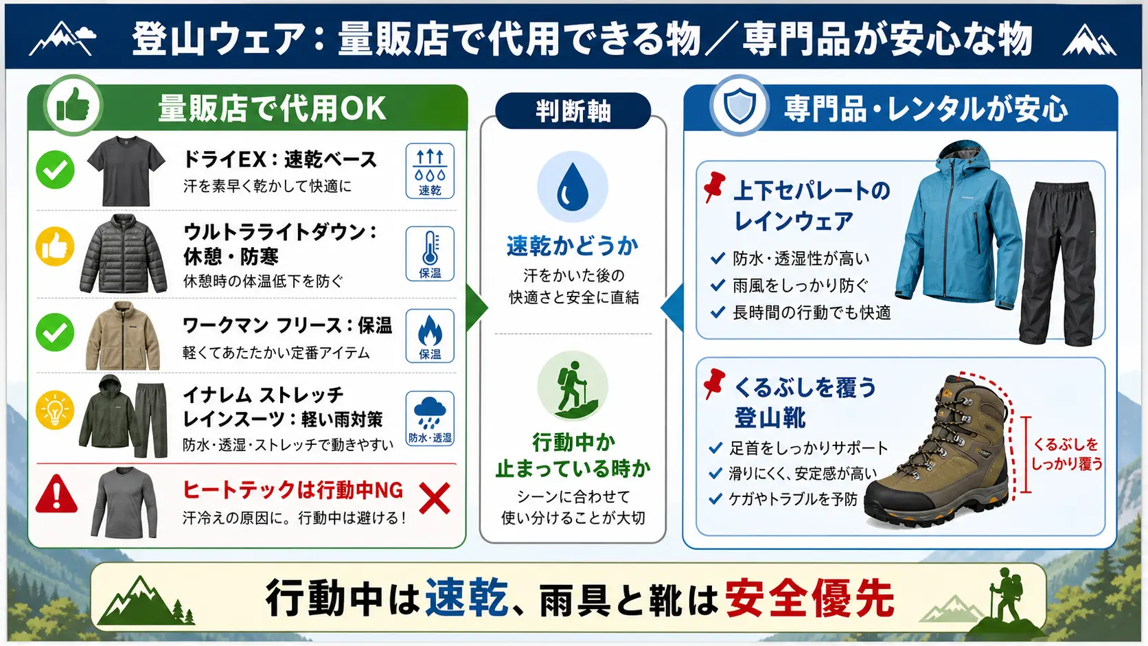ユニクロやワークマンの普段着で代用できるアイテムと、専門品やレンタルを勧めるレインウェア・登山靴を対比した整理