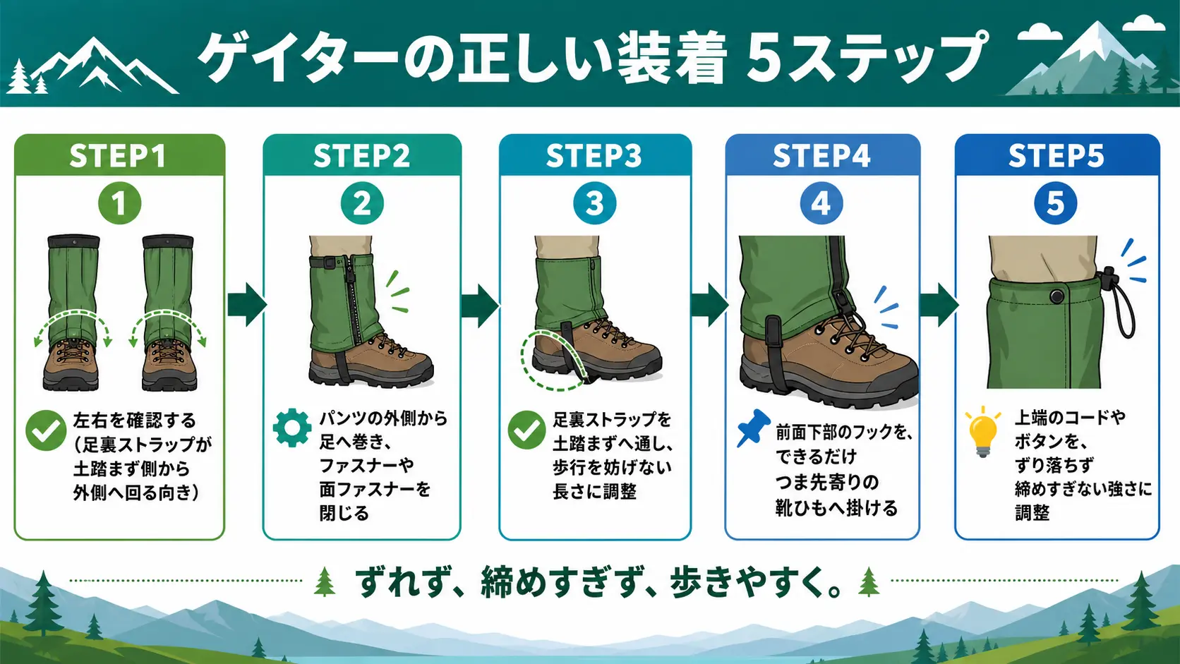 ゲイターの付け方を、左右の向きの確認からストラップとフックの調整、上端の締め具合の確認まで5つのステップで示した手順図